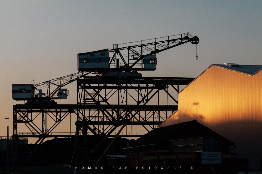 Alter Hafenkran im Basler Rheinhafen bei Birsfelden im warmen Abendlicht